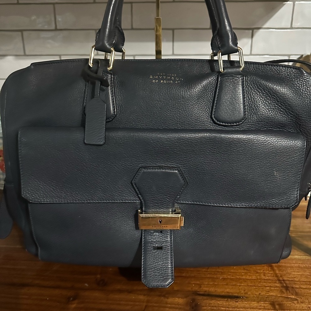 Smythson Orange and Blue Briefcase with Textured Leather